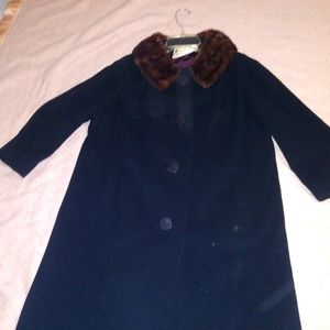 Vintage wool black fur collar long coat